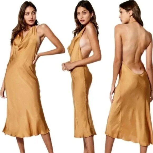 Young Fabulous & Broke Rebel Satin Halter Midi Slip Dress In Gold Size XS NWT - Picture 1 of 10